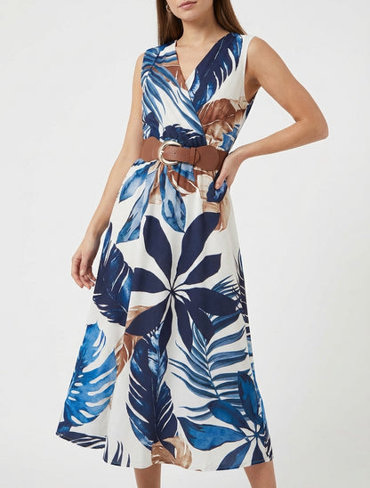 Mouwloze jurk met bladprint - Marine