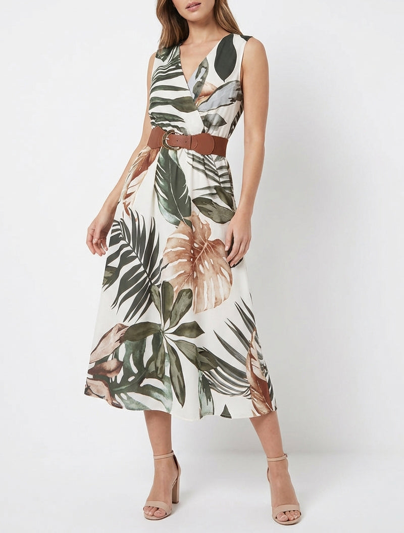 Mouwloze jurk met bladprint - Kaki