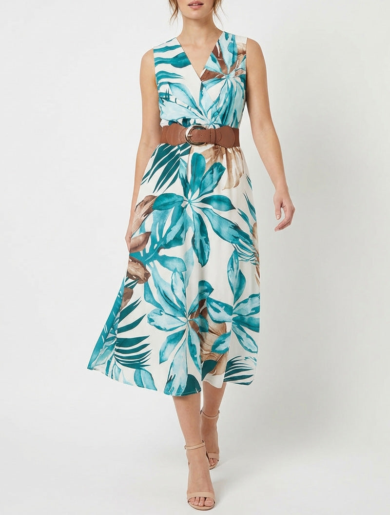 Mouwloze jurk met bladprint - Eendenblauw