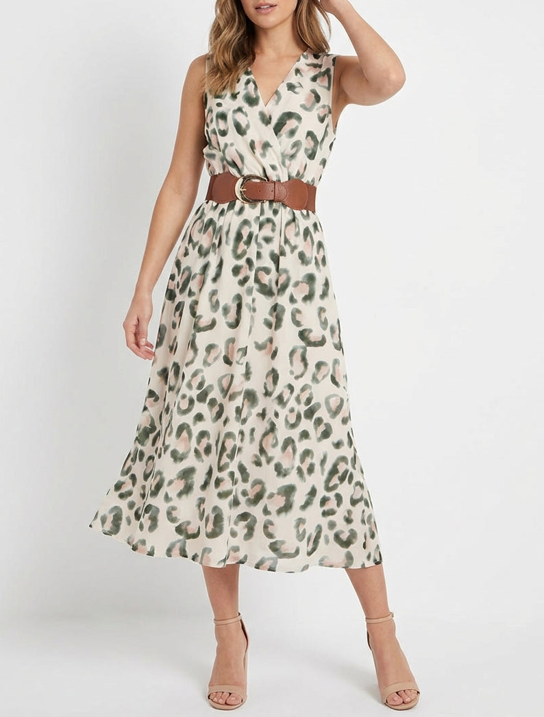 Mouwloze jurk met luipaardprint - Kaki