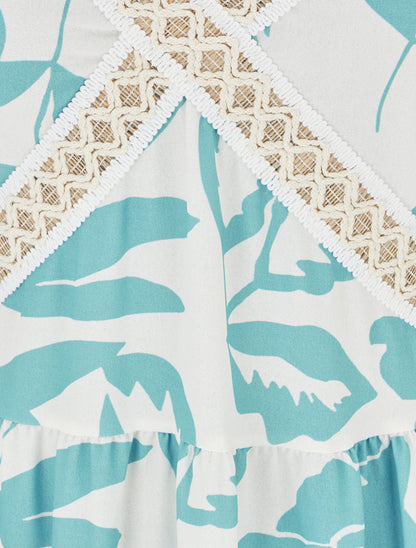 Robe fleurie à empiècement broderie - Turquoise - 3