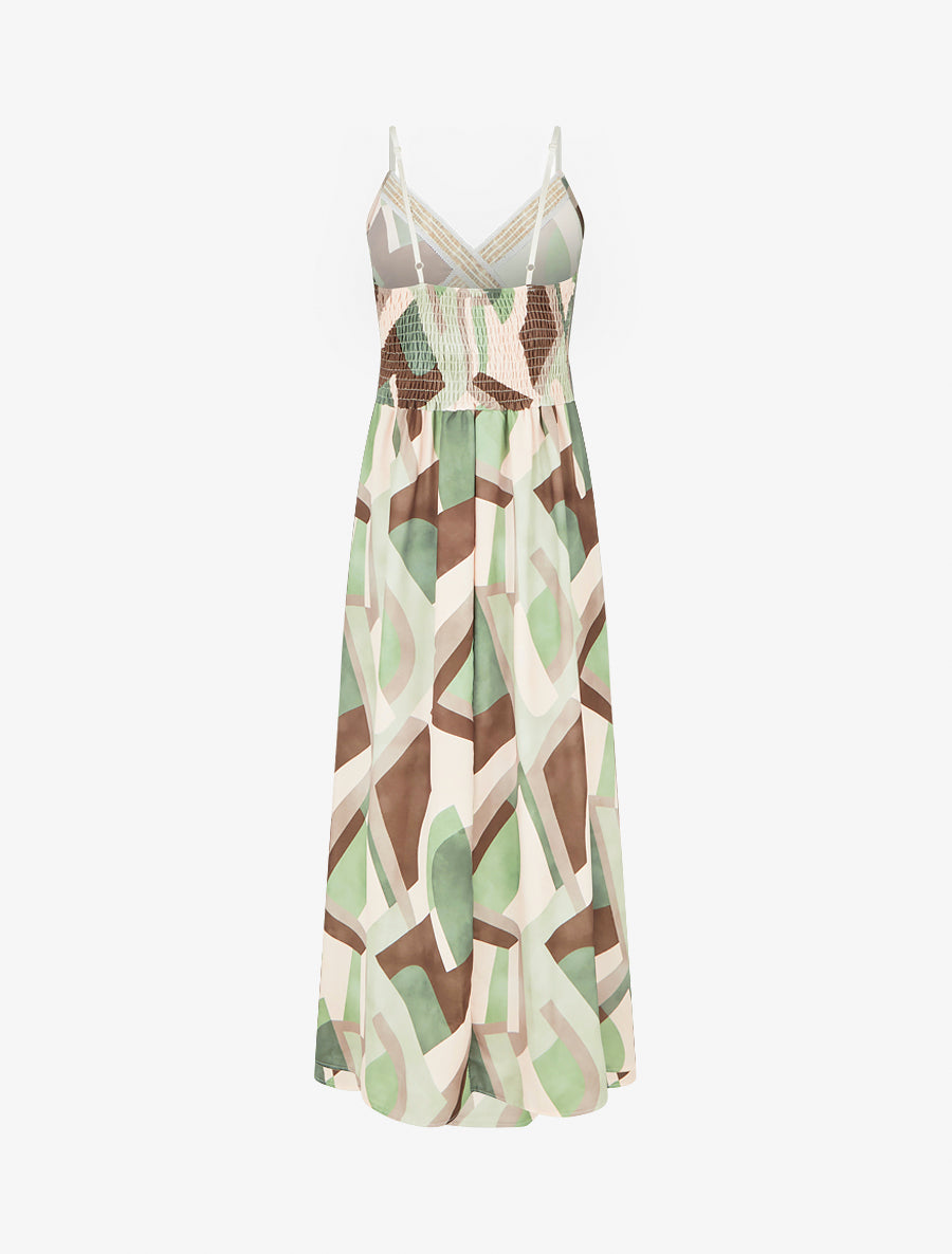 Robe imprimé graphique à empiècement broderie - Kaki - 2