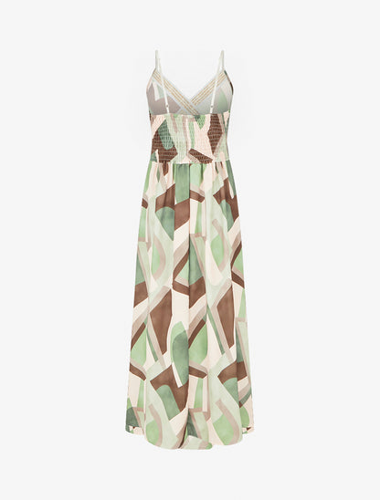 Robe imprimé graphique à empiècement broderie - Kaki - 2