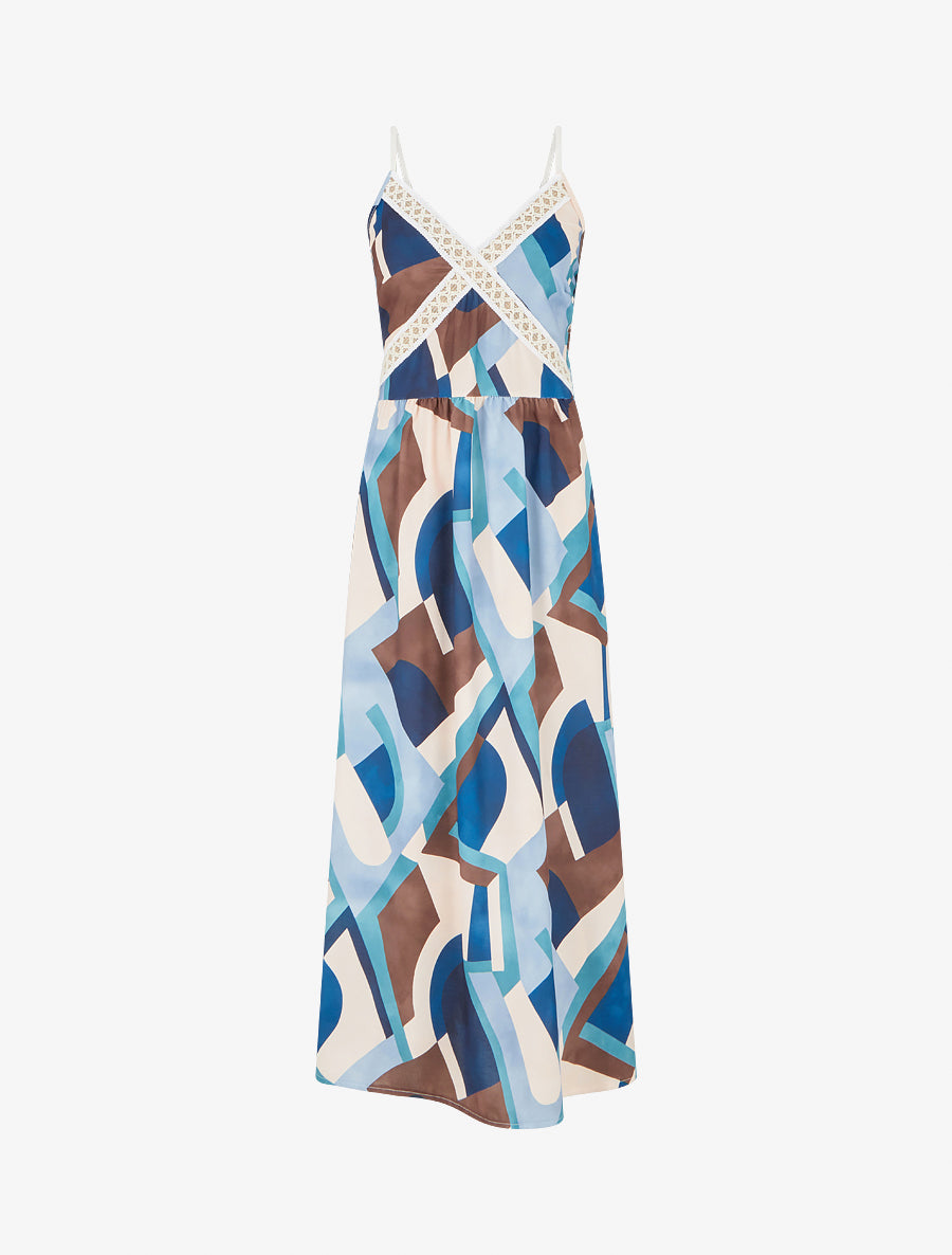Robe imprimé graphique à empiècement broderie - Marine - 1