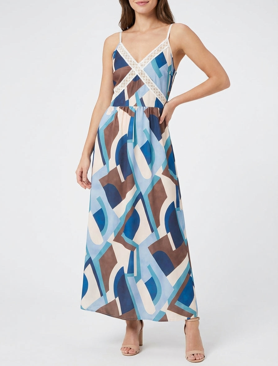 Jurk met grafische print en borduurinzet - Marine
