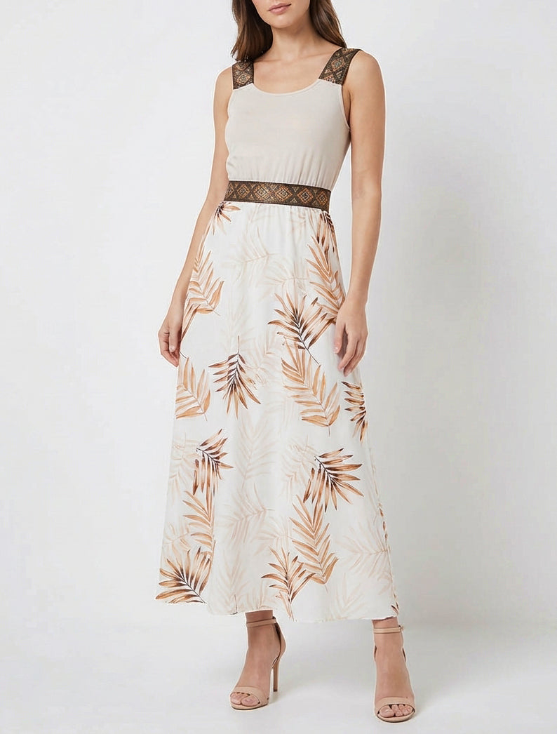 Bladerenprint jurk met gestileerde bandjes - Beige