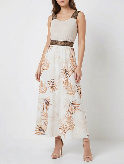 Bladerenprint jurk met gestileerde bandjes - Beige