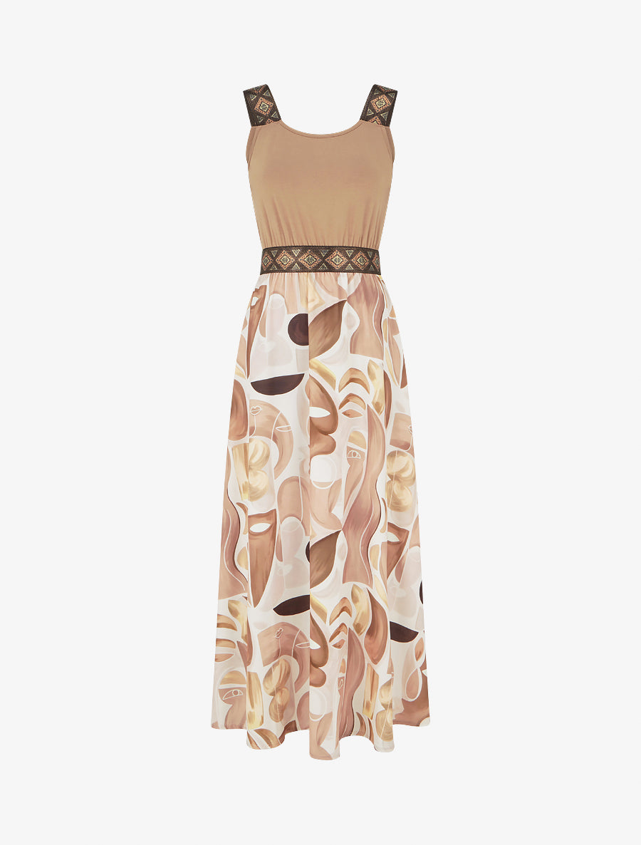 Robe imprimé peinture abstraite à bretelles stylisées - Camel - 1