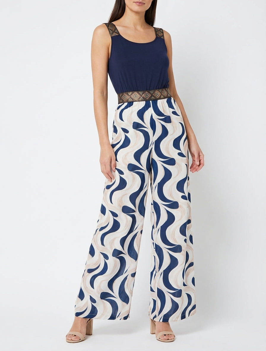 Abstracte print jumpsuit met glinsterende bandjes - Marine