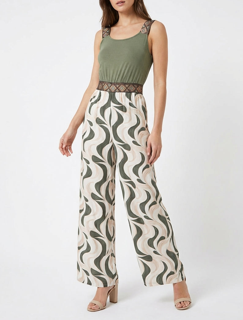 Abstracte print jumpsuit met glinsterende bandjes - Kaki