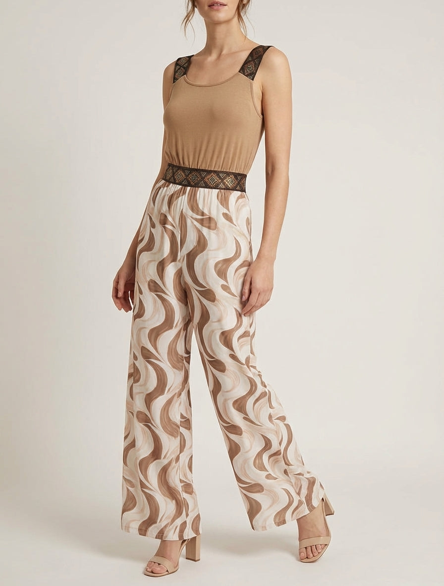 Abstracte print jumpsuit met glinsterende bandjes - Kameel