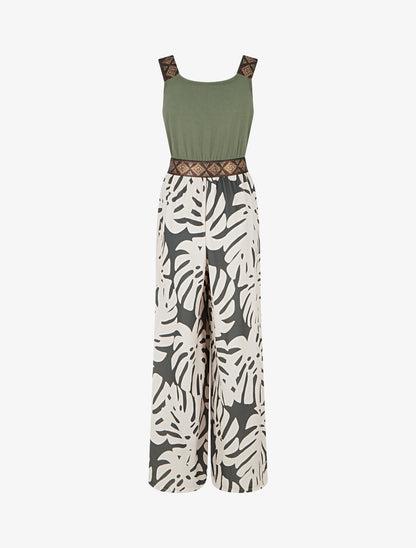 Combinaison imprimé feuilles à bretelles irisées - Kaki - 2