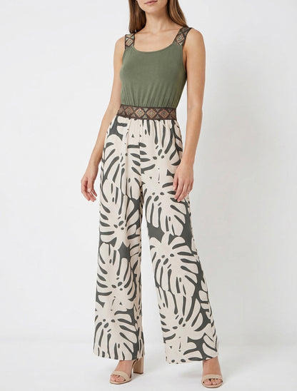 Gedessineerde bladeren jumpsuit met glanzende bandjes - Kaki