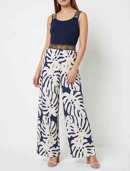 Gedessineerde bladeren jumpsuit met glanzende bandjes - Marine
