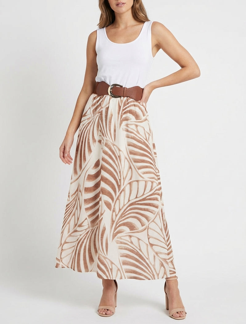 Mouwloze lange jurk met bladdessin - Donker beige