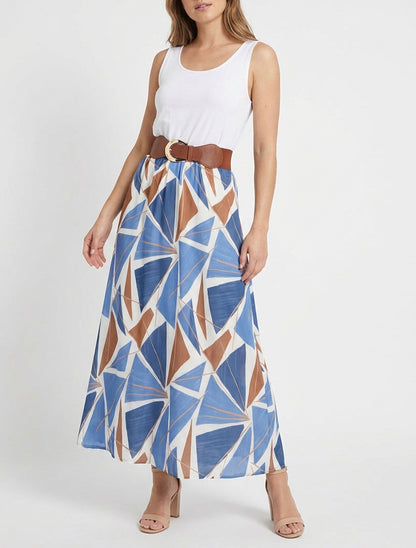 Mouwloze lange jurk met grafische print - Lichtblauw