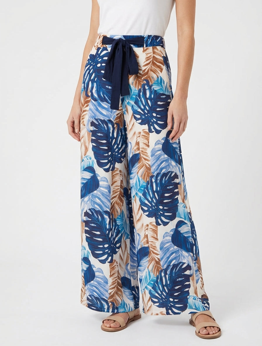 Wijde broek met tropische print - Marine