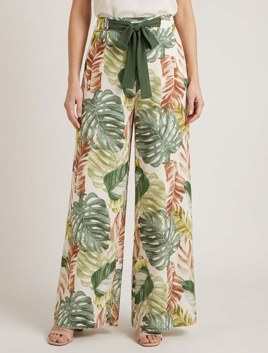 Wijde broek met tropische print - Kaki