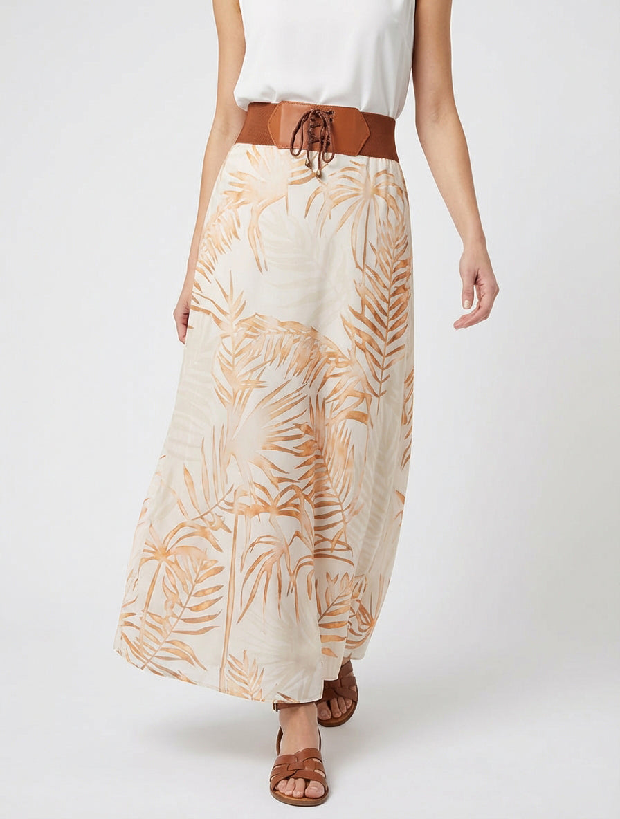 Lange rok met bladdessin - Beige