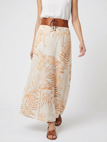 Lange rok met bladdessin - Beige
