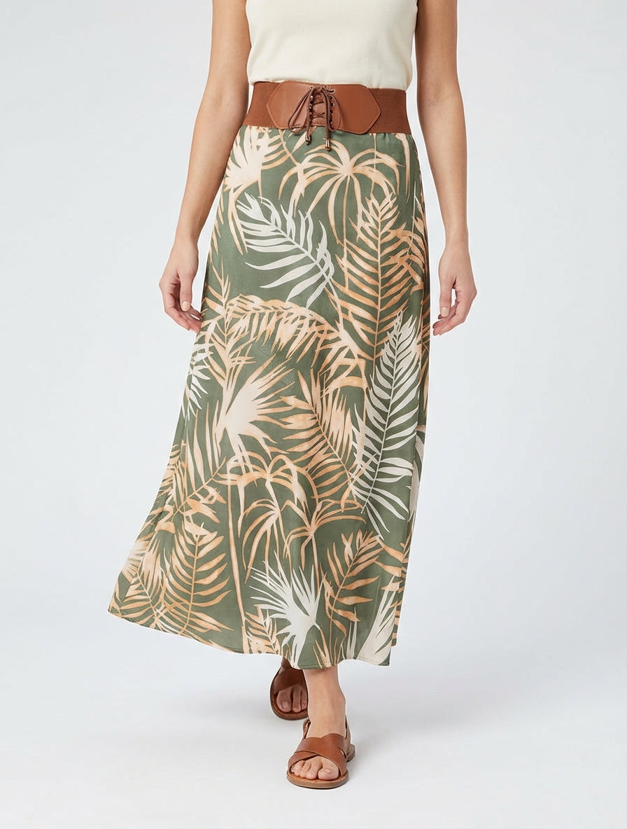 Lange rok met bladdessin - Kaki