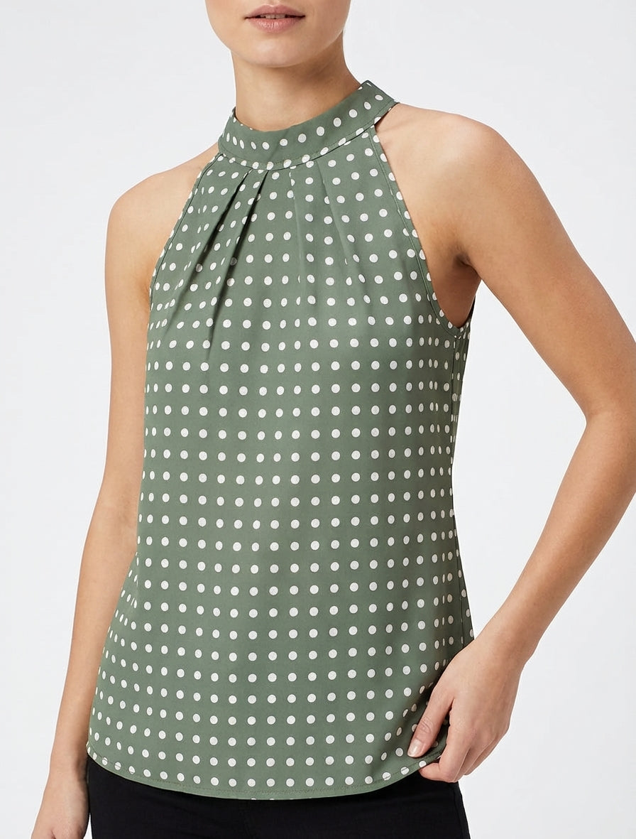 Mouwloze top met stippenprint - Kaki