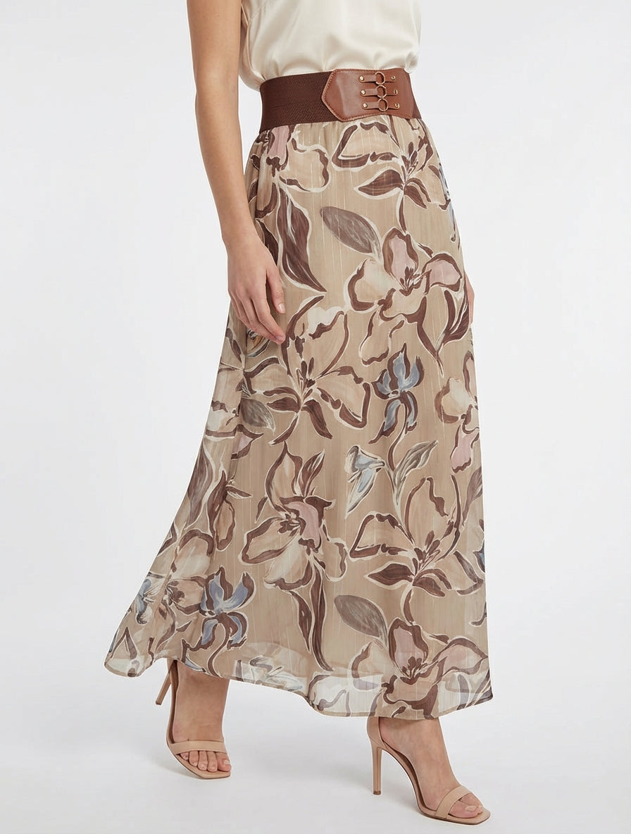 Lange rok met bloemenprint en iriserende strepen - Beige