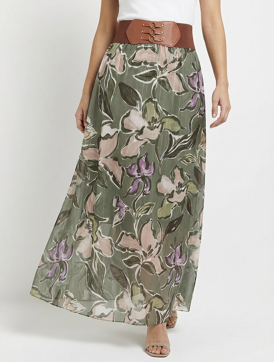 Lange rok met bloemenprint en iriserende strepen - Kaki