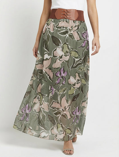 Lange rok met bloemenprint en iriserende strepen - Kaki