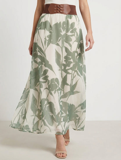 Lange rok met bloemenprint en iriserende strepen - Kaki