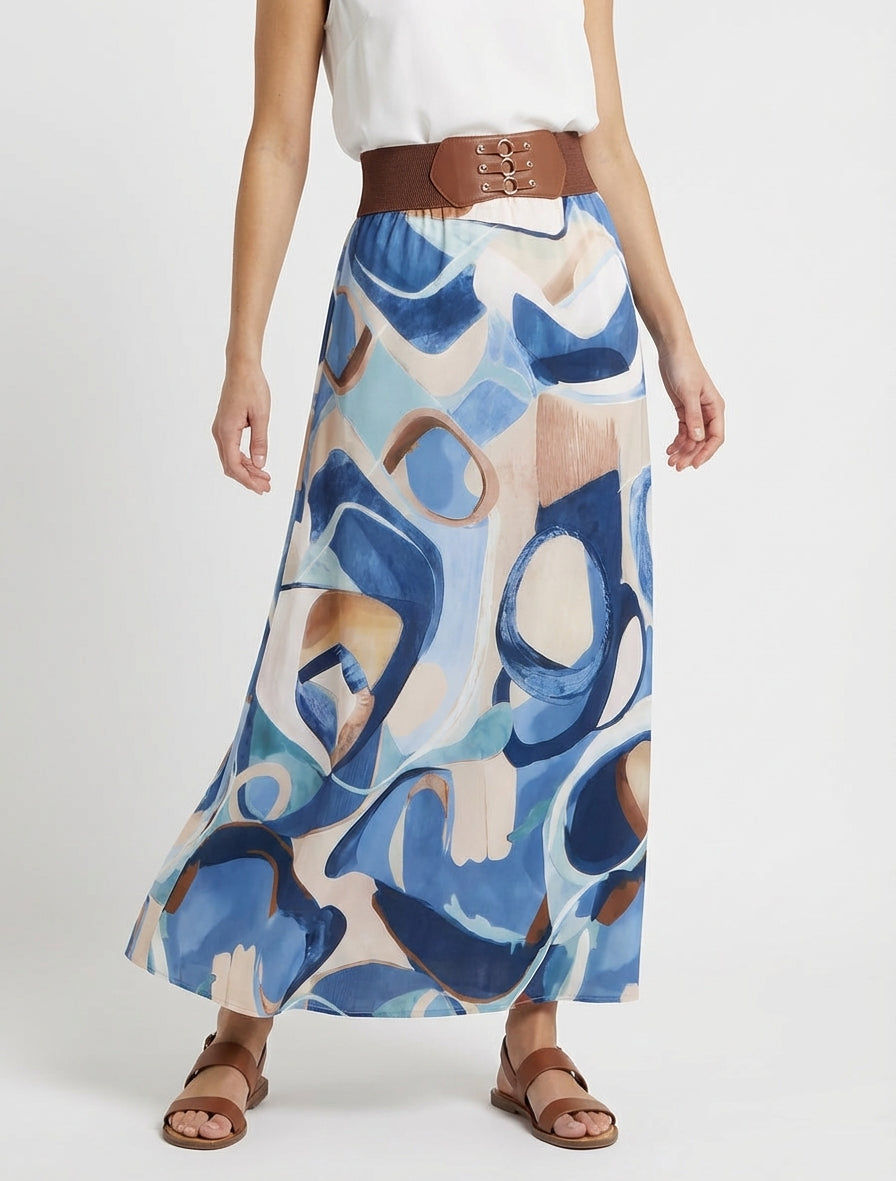 Lange rok met abstracte print en fantasietaille. - Blauw