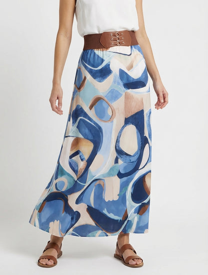 Lange rok met abstracte print en fantasietaille. - Blauw
