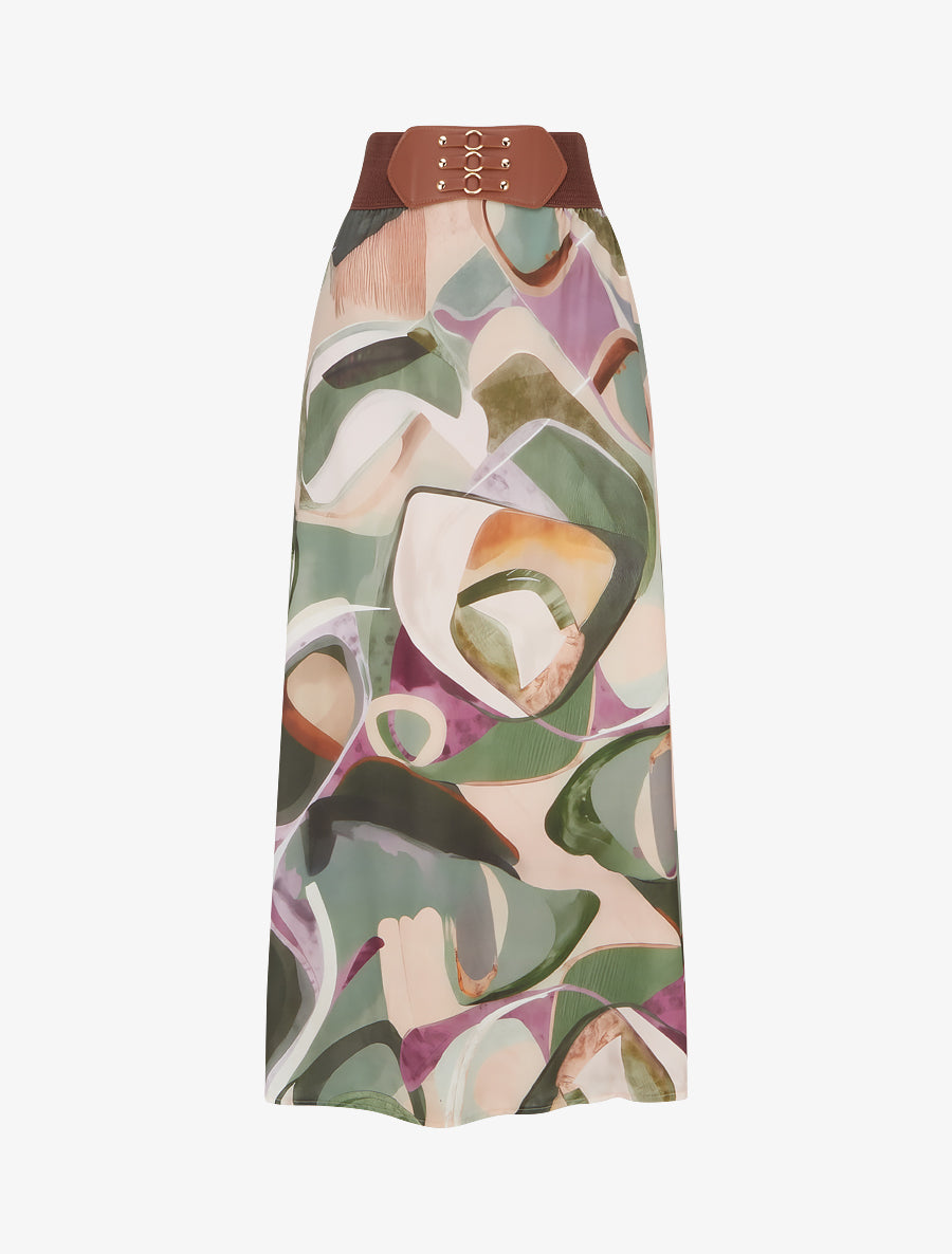 Jupe longue imprimé abstrait à taille fantaisie - Kaki - 1