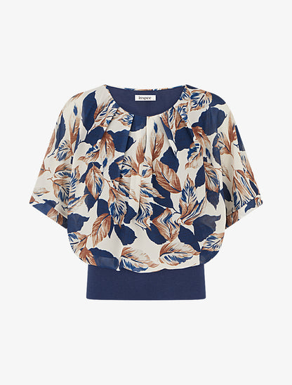 Top imprimé feuillage à manches courtes - Marine - 1