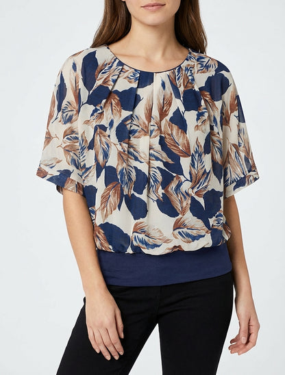 Top met bladrint en korte mouwen - Marine