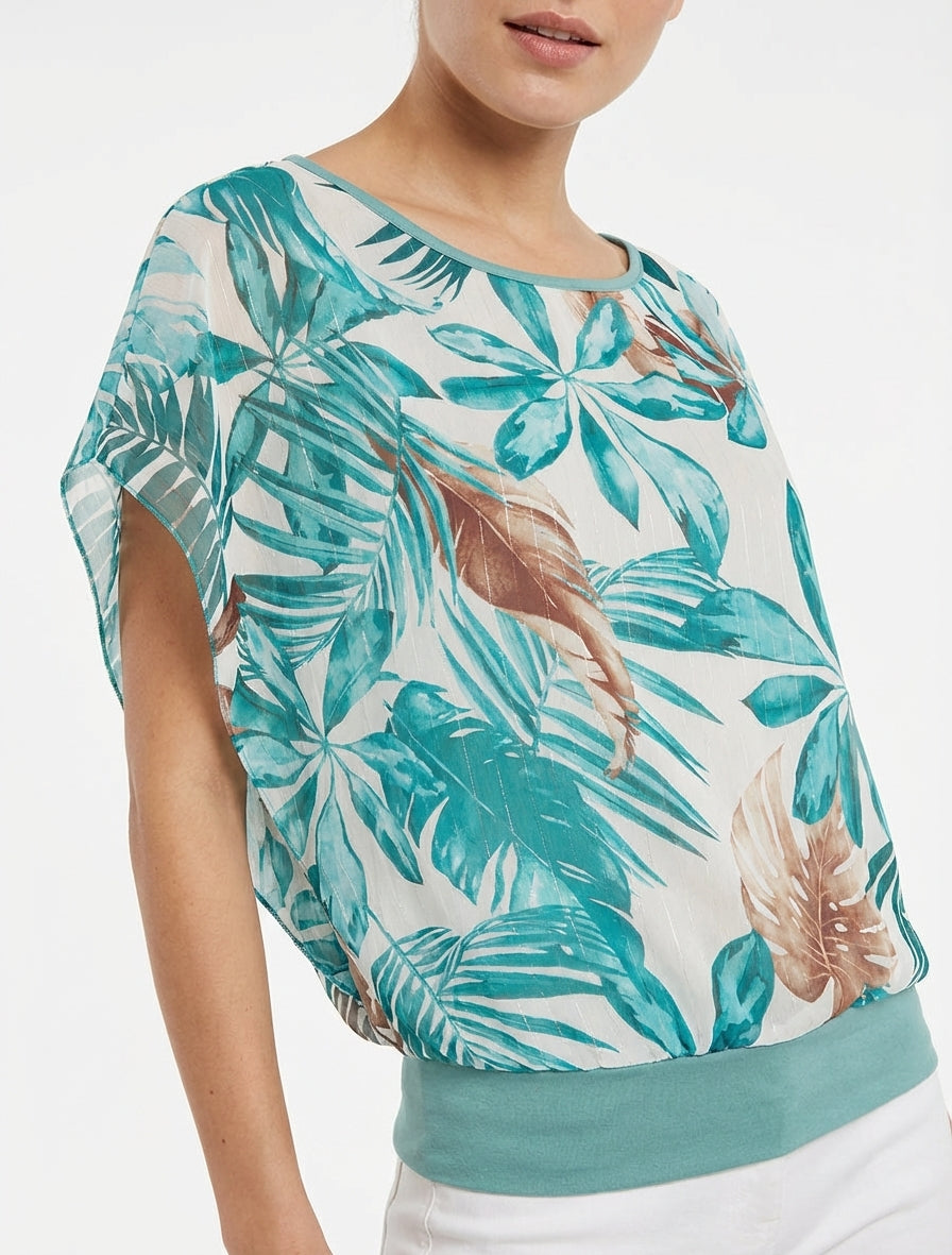 Top met korte mouwen en tropische print - Turkoois