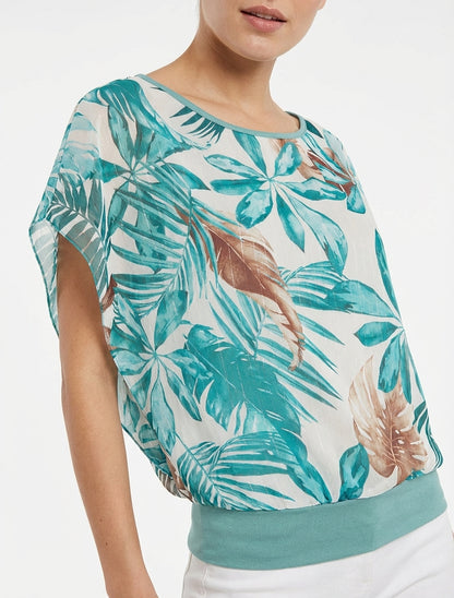 Top met korte mouwen en tropische print - Turkoois