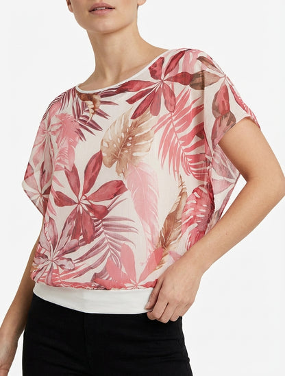 Top met korte mouwen en tropische print - Oudroze