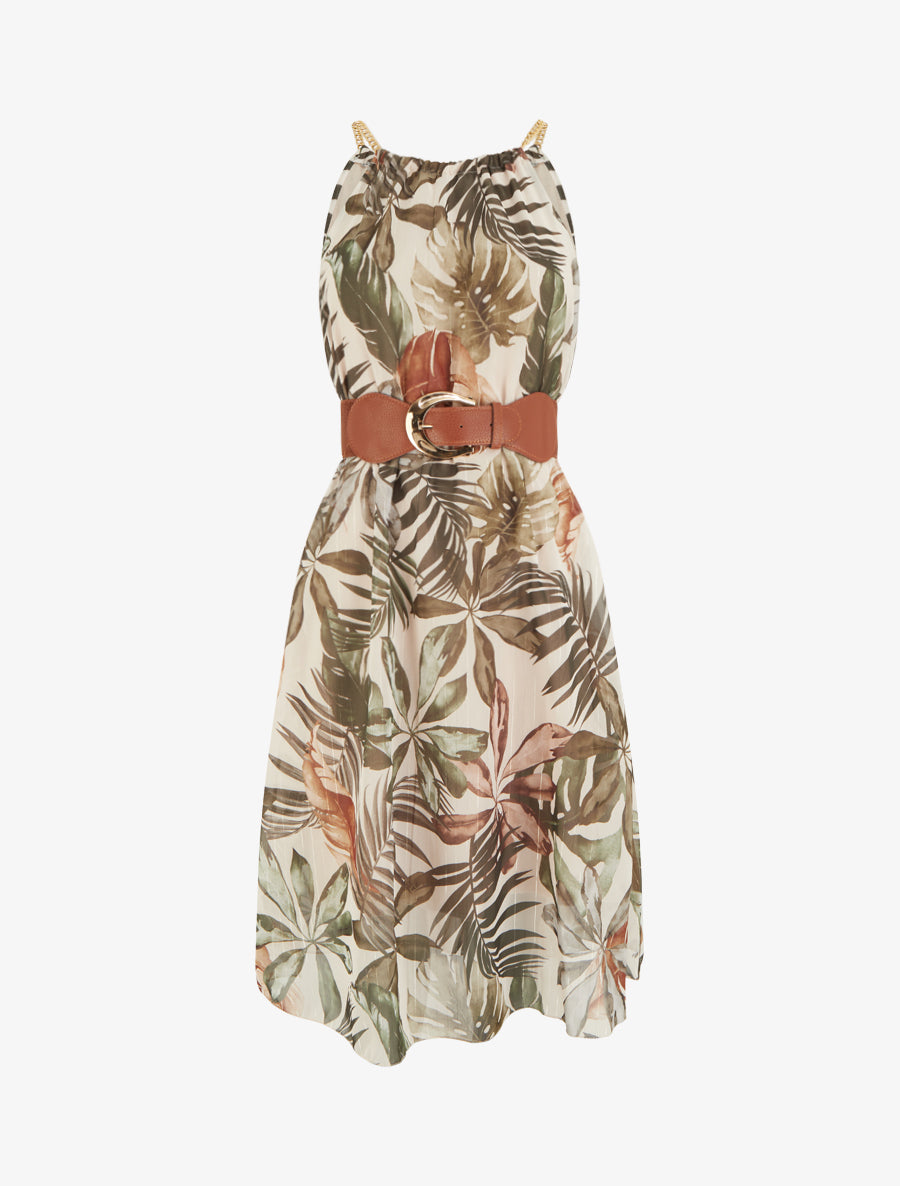 Robe à bretelles chaînes imprimé tropical - Kaki foncé - 1