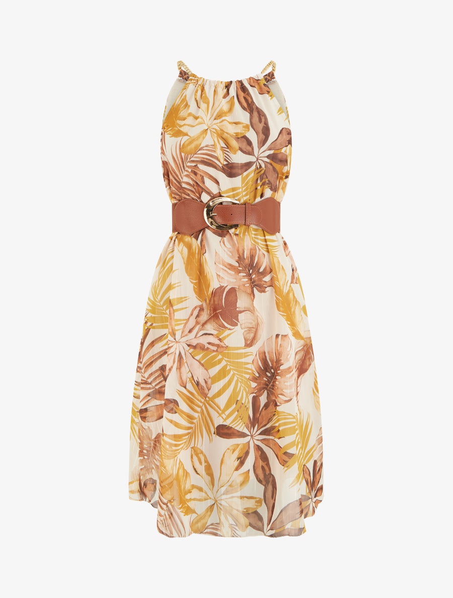 Robe à bretelles chaînes imprimé tropical - Jaune moutarde - 1