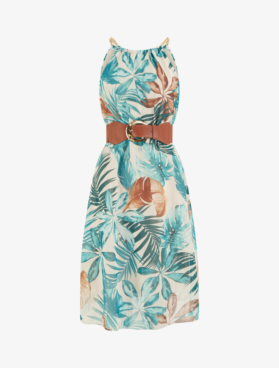 Robe à bretelles chaînes imprimé tropical - Turquoise - 1