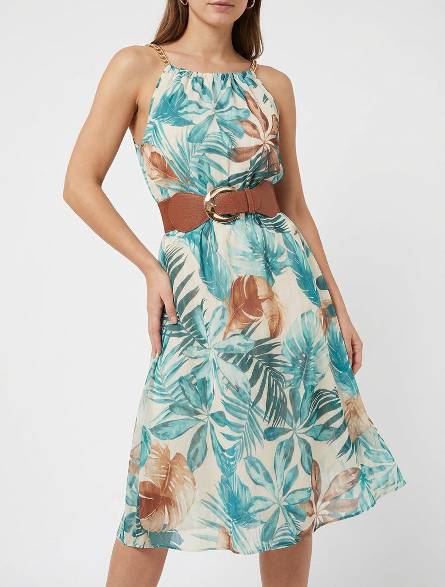 Jurk met kettingbandjes tropische print - Turkoois