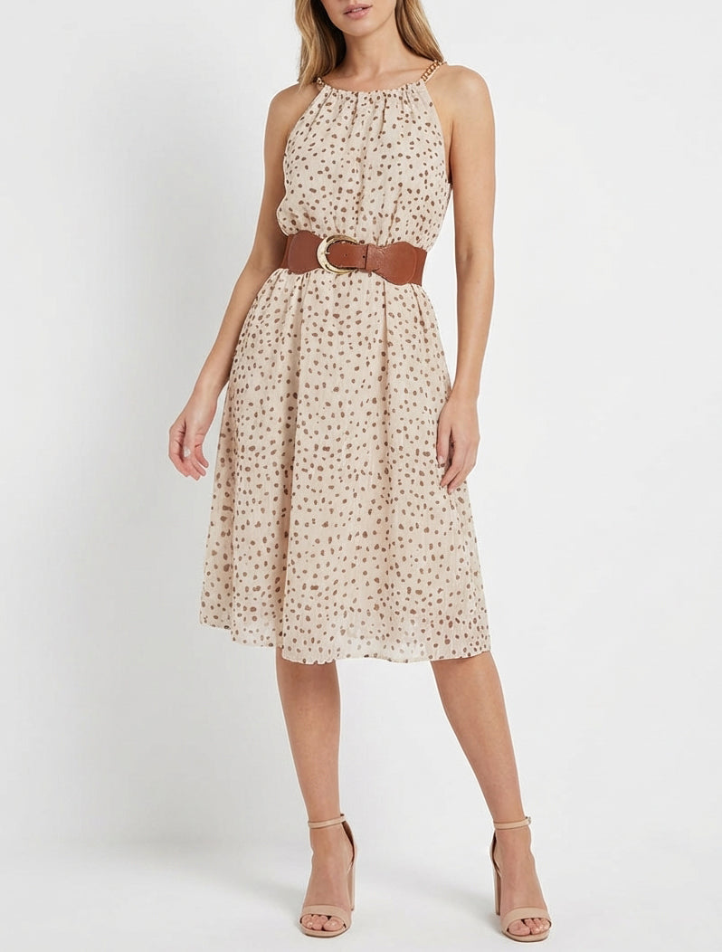 Jurk met kettingbandjes met gespikkeld patroon - Beige