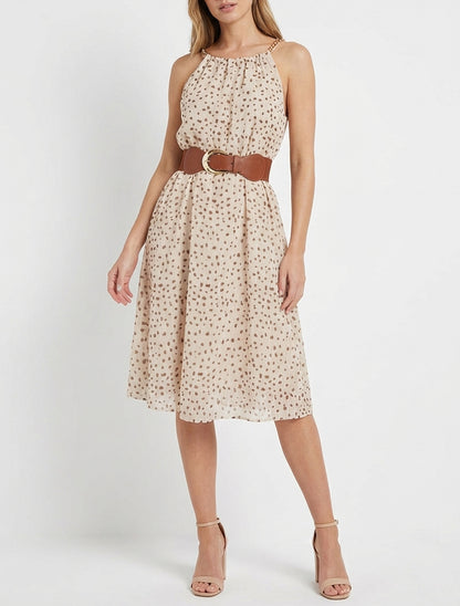 Jurk met kettingbandjes met gespikkeld patroon - Beige