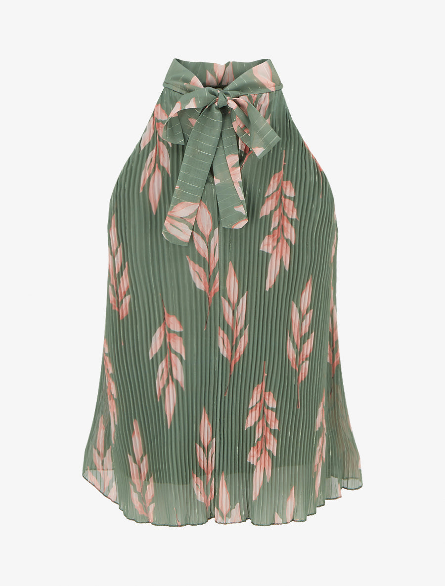 Top plissé sans manches imprimé feuillage - Kaki - 2