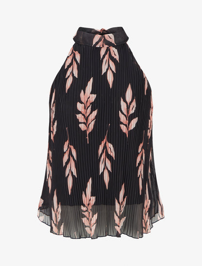 Top plissé sans manches imprimé feuillage - Noir - 1
