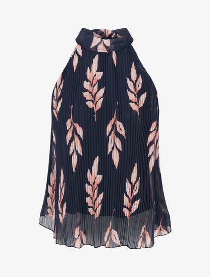 Top plissé sans manches imprimé feuillage - Marine - 1