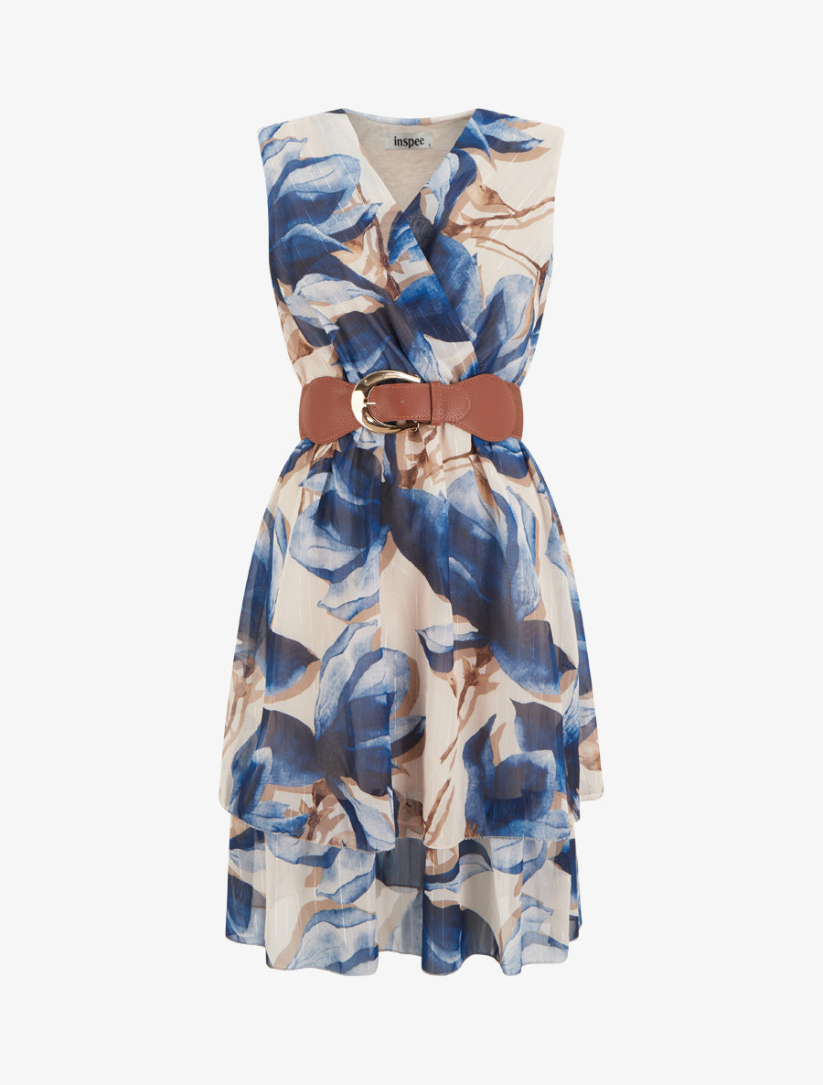 Robe patineuse sans manches imprimé grandes fleurs - Marine - 1