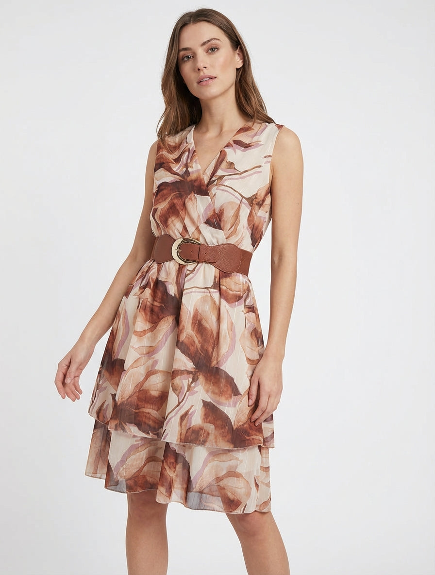 Mouwloze skaterjurk met grote bloemenprint - Bruin