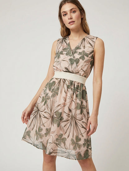 Mouwloze skaterjurk met bloemenprint - Kaki